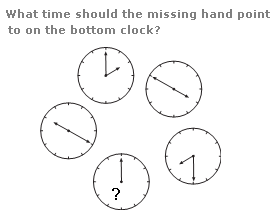 What time should the missing hand point to on the bottom clock?
