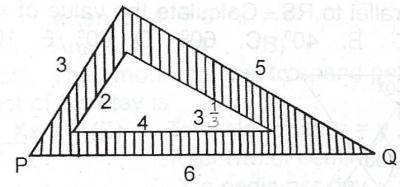 (Numbers indicate the lengths of the sides of the triangles) If the area of \(\bigtriangleup\) PQR is k2sq. units what is the area of the shades portion?