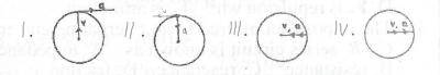 A body is whirled round a circular path at constant speed. Which of the following diagrams correctly indicates the direction of the body's velocity (v) and its acceleration (a)?
