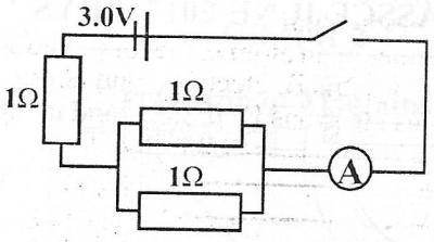 A circuit is set up as shown in the diagram above. When the key is closed, the ammeter reading will be




