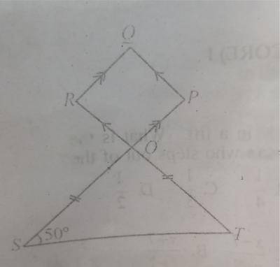 In the diagram, POS and ROT are straight lines. OPQR is a parallelogram, |OS| = |OT| and ∠OST = 50°. Calculate the value of ∠OPQ.

