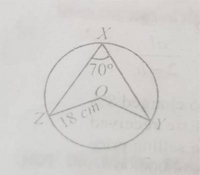In the diagram, O is the centre of the circle of radius 18cm. If < zxy = 70\(^o\), calculate the length of arc ZY. [Take \(\pi = \frac{22}{7}\)]
 
