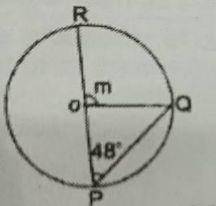 In the diagram, PQR is a circle with center O. If ∠OPQ = 48°, find the value of M.
