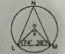 In the diagram, O is the centre of the circle. If < NLM = 74\(^o\), < LMN = 39\(^o\) and < LOM = x, find the value of x. 
