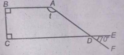 In the diagram, ∠ABC and ∠BCD are right angles, ∠BAD = t and ∠EDF = 70°. Find the value of t.
