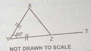 In the diagram, △XYZ is produced to T. if |XY| = |ZY| and ∠XYT = 40°, find ∠XZT