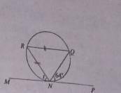 In the diagram, \(\overline{MP}\) is a tangent to the circle NQR, ∠NQR, ∠PNQ = 64 and | \(\overline{RQ}\) | = | \(\overline{RN}\) |. Find the angle market t. 