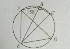 In the diagram, line \(\overline{EC}\) is a diameter of the circle ABCDE.
If angle ABC equals 158°, find ∠ADE