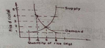 What is the change in quantity of rice demand when the price increases from N1.00 to N5.00?
