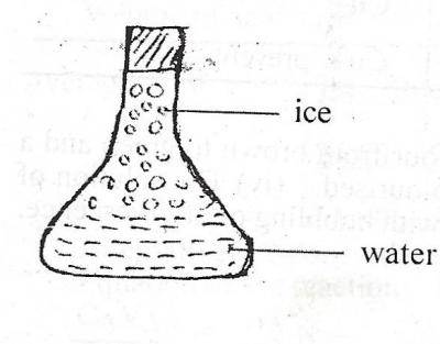 The diagram above illustrates a conical flask containing water and ice. Which of the following is correct about the diagram?
