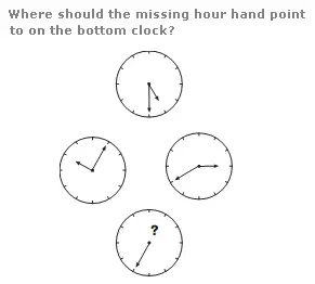 Where should the missing hour hand point to on the bottom clock?
